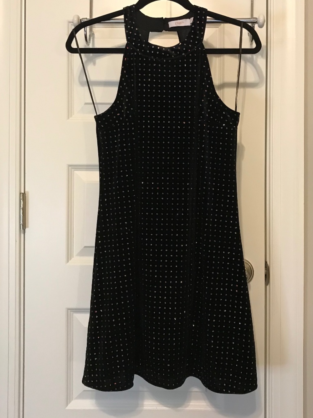 Candie’s black velvety sleeveless sparkly polka dot halter dress (M)